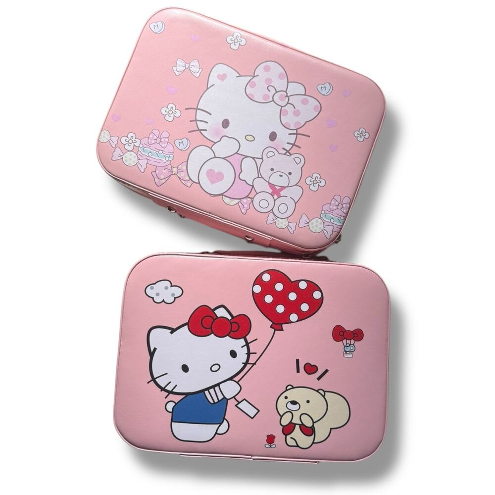 Pair 2 Hello Kitty Makeup Cosmetic Beauty Case Organizer Mirror Pink Hard